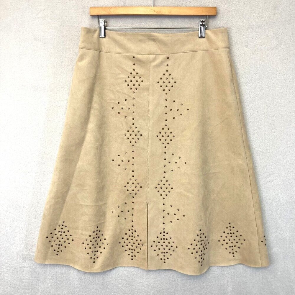 Chicos Sz 1 Studded Faux Suede Skirt Medium Tan A-Line Knee Western Boho JJ01